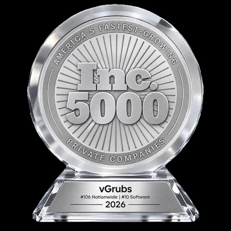 Inc. 5000 award trophy - vGrubs ranked #106 fastest-growing company nationwide and #10 in software, 2026