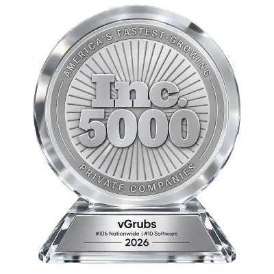 Inc. 5000 award trophy - vGrubs ranked #106 fastest-growing company nationwide and #10 in software, 2026